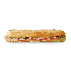 Sandwich isolated on the white table, cheese, lettuce, various vegetables.