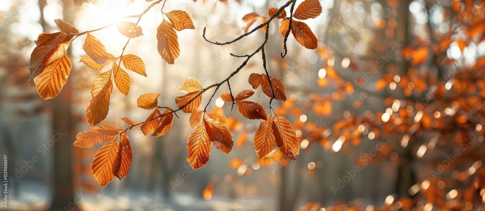 Poster forest scene featuring a tree branch showcasing dry brown leaves against a blurred background on a s