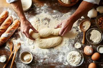 Fototapeta premium Artisan baking: hands kneading dough with ingredients for fresh homemade bread on rustic table