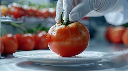 Laboratory procedure for food safety laboratory technician labels a tomato from a greenhouse with a plate with the number of a food additive