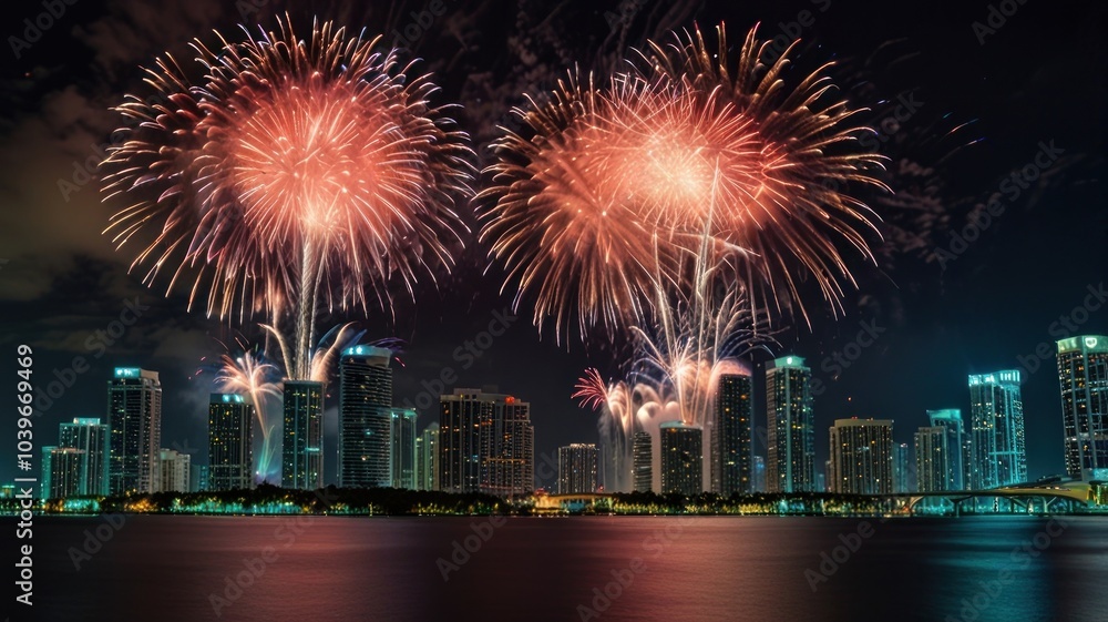 Poster a vibrant display of fireworks explodes over the cityscape, illuminating the night sky with a mesmer