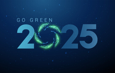 Abstract Happy 2025 New Year greeting card with green leafs in circle. Low poly technology design