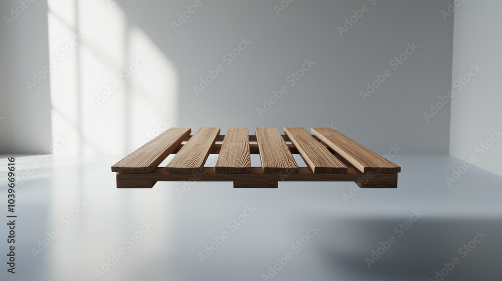 Poster a 3d model of a wooden pallet floating in a white space, the sharp edges and clean lines of the plan