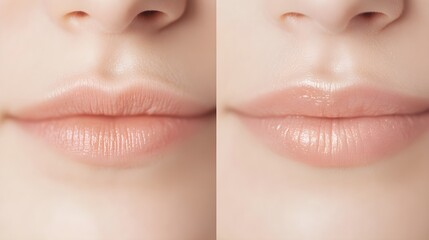 Obraz premium High-definition close-up comparison of a woman's lips and skin around the mouth, highlighting wrinkle reduction results, Detailed, Realistic Textures