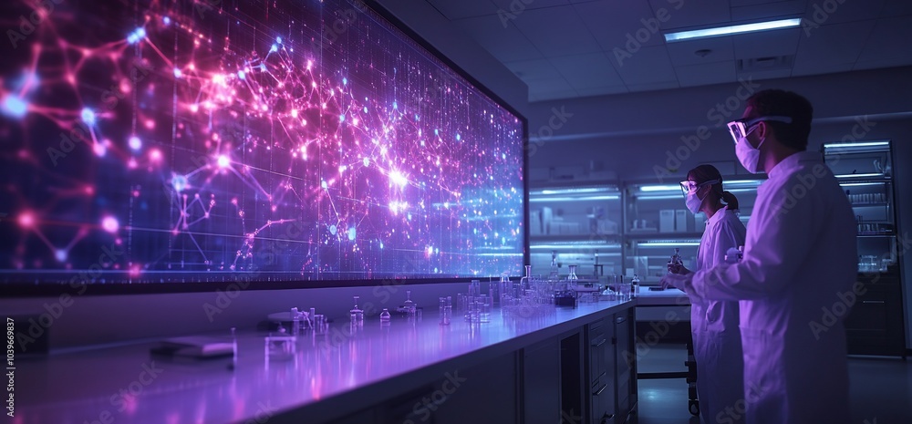 Aufkleber Two scientists in a laboratory looking at a digital screen with a network visualization.