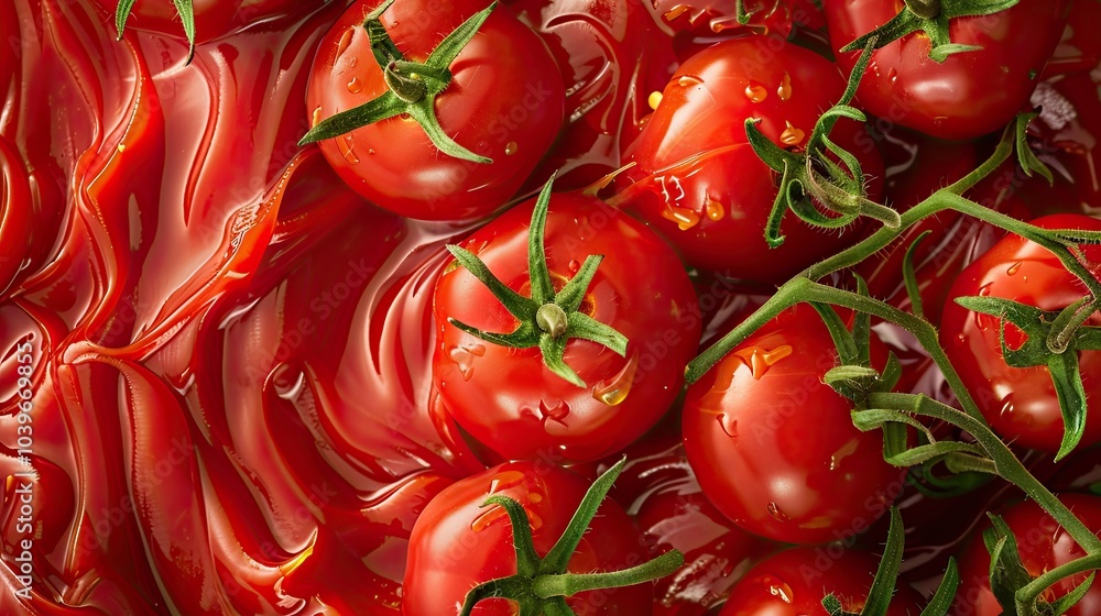 Poster top view of tomato paste with ripe tomatoes