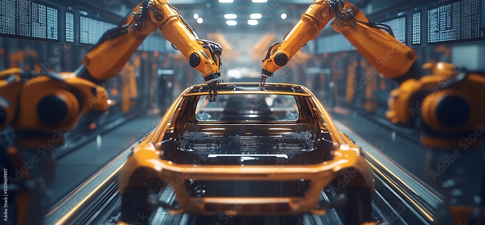 Poster two robotic arms working on a car chassis on an assembly line.