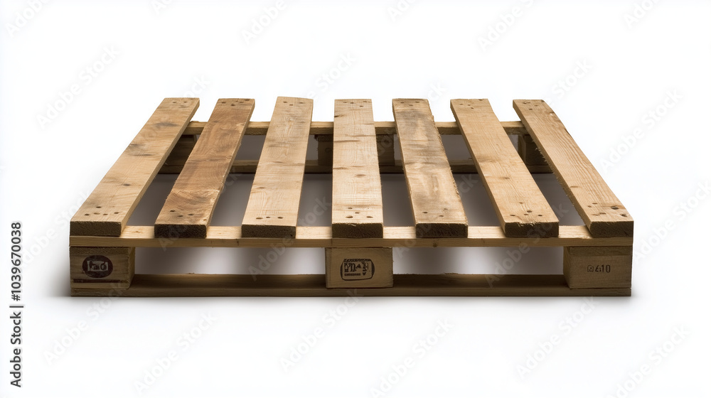 Poster a pallet in perfect condition, its evenly spaced slats displayed against a bright white background, 