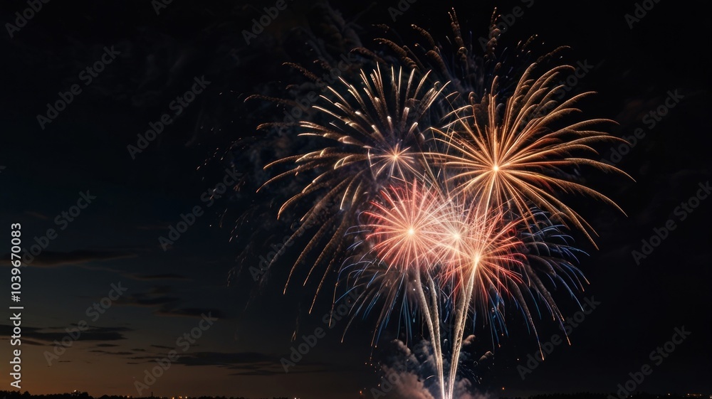 Poster colorful fireworks exploding in the night sky, creating a vibrant and festive display.