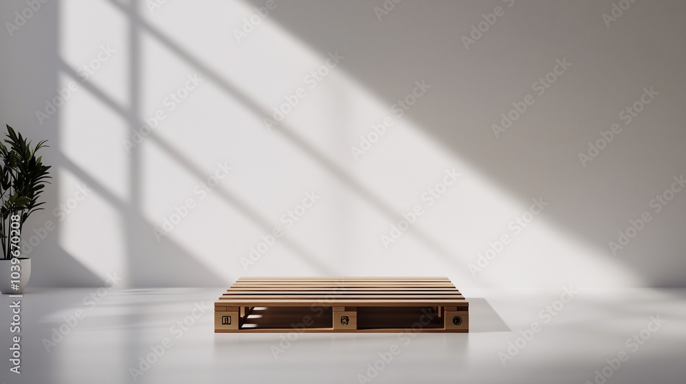 Poster a solitary pallet shown in profile on a clean white backdrop, highlighting the simplicity and utilit
