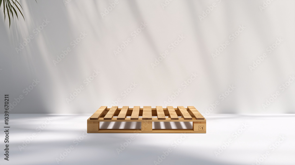 Poster a solitary pallet shown in profile on a clean white backdrop, highlighting the simplicity and utilit