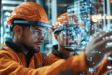 Engineer engaging with futuristic augmented reality interface in industrial setting