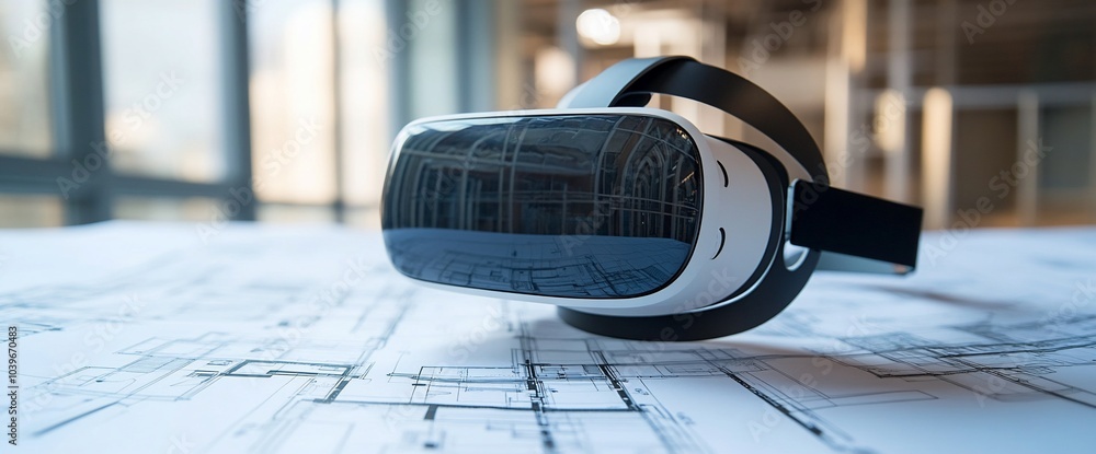 Poster virtual reality headset resting on a blueprint.