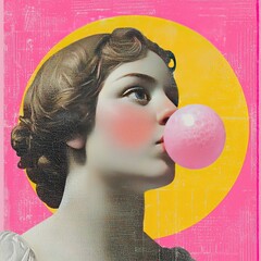 Renaissance girl with bubble gum pop art concept