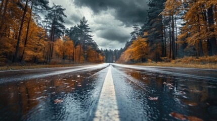 autumn asphalt road landscape and car in motion on beautiful cloudy day Travel auto trip autumn rain road in forest under dramatic cloudy sky fall color