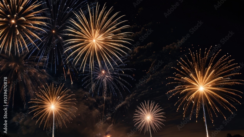 Poster vibrant fireworks explode in the night sky, creating a dazzling display of light and color.
