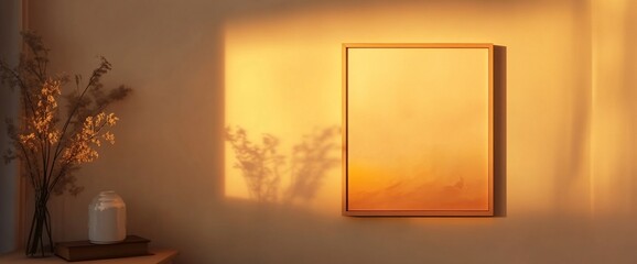 A framed picture hangs on a wall bathed in the warm glow of sunset light.
