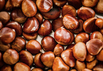 Close-up of raw chestnuts in a metal bowl