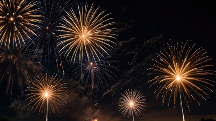 Naklejka premium Vibrant fireworks explode in the night sky, creating a dazzling display of light and color.