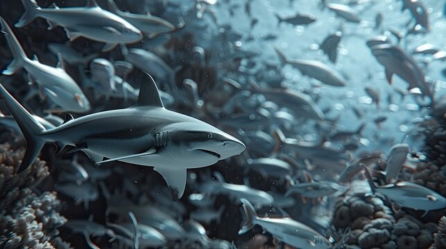 Grey Reef Shark also known as a Grey Whaler Shark Carcharhinus amblyrhynchos swimming through a school of ox eye scad Selar boops