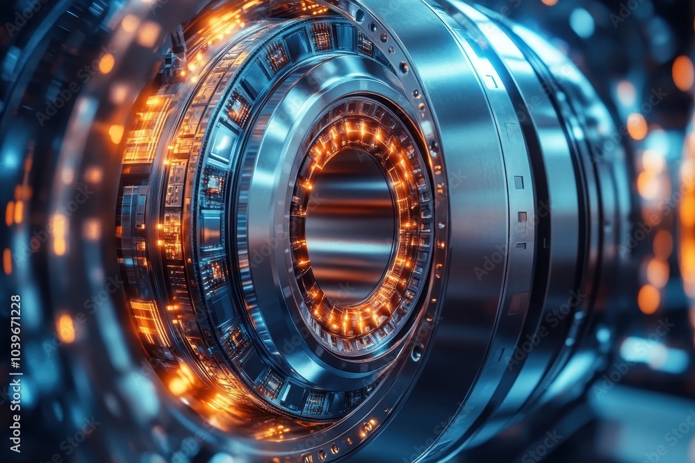 Poster futuristic mechanical device with glowing components in a high-tech environment