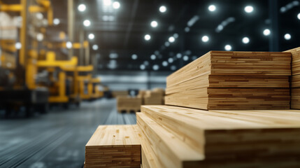 Obraz premium Stacks of smooth pine wood planks arranged with precision under bright industrial lights, with modern factory equipment in the background emphasizing technological innovation.