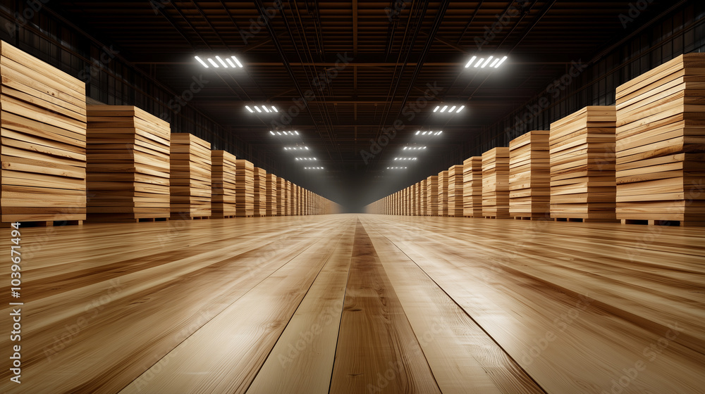 Poster pine wood planks stacked in symmetrical rows under large ceiling lights in a sleek, modern factory s