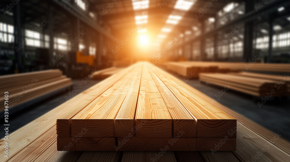Poster neatly aligned pine wood planks resting in a high-tech timber processing facility, with automated tr