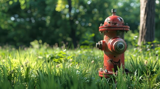 Metal fire hydrant colred in red with fresh green meadow in a public park