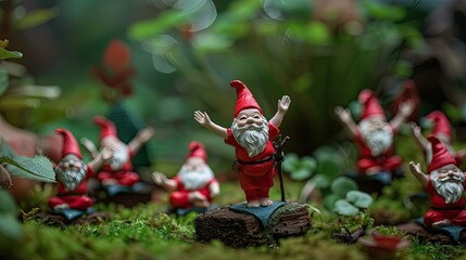 Naklejka premium Miniature Gnomes in Yoga Poses for Outdoor Fairy Garden Model Gnome Display