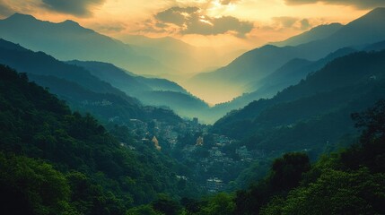 Obraz premium Shrine nested between lush greenery landscape and mountains in the backdrop