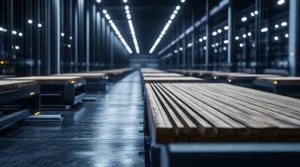 A highly organized storage area for pine wood planks inside an industrial facility, with futuristic technology automating the entire production process, highlighting efficiency and