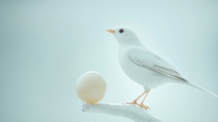 Fototapeta premium A white bird holds an egg in its beak against a light blue backdrop