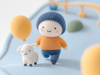 Small boy and lamb enjoying a day at amusement park felt style cartoon