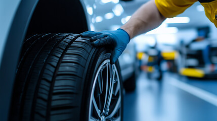 Tire changing process in a bright, spacious car service center, featuring the mechanic's hand carefully adjusting a tire next to a fully stocked tool wall, highlighting professiona