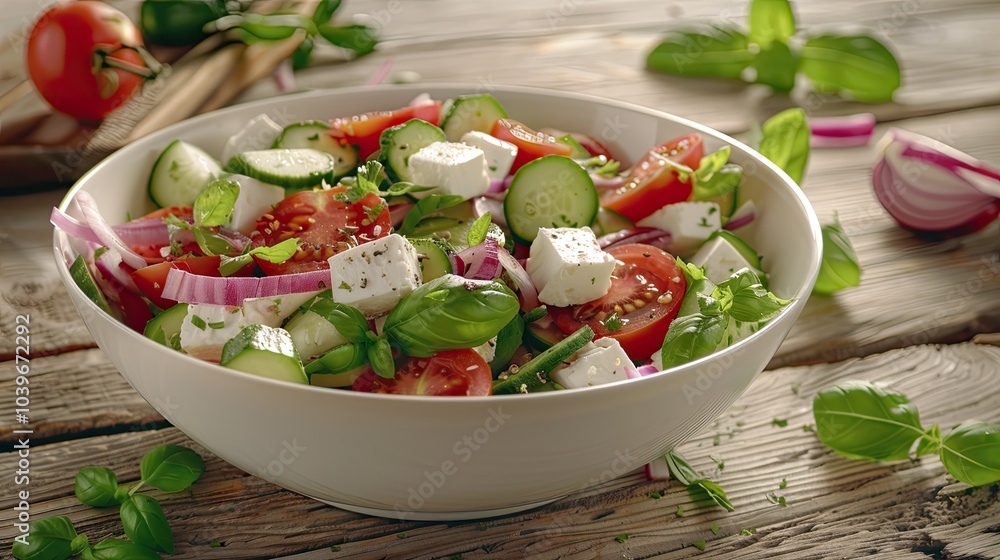 Aufkleber salad with fresh tomatoes cucumbers red onions and feta cheese in a white salad bowl on a rustic woo