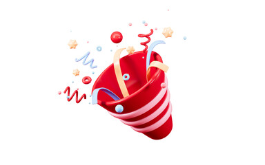 Cartoon firecracker and ribbons with explosion confetti. Birthday surprise, holiday and event celebration, 3d rendering.