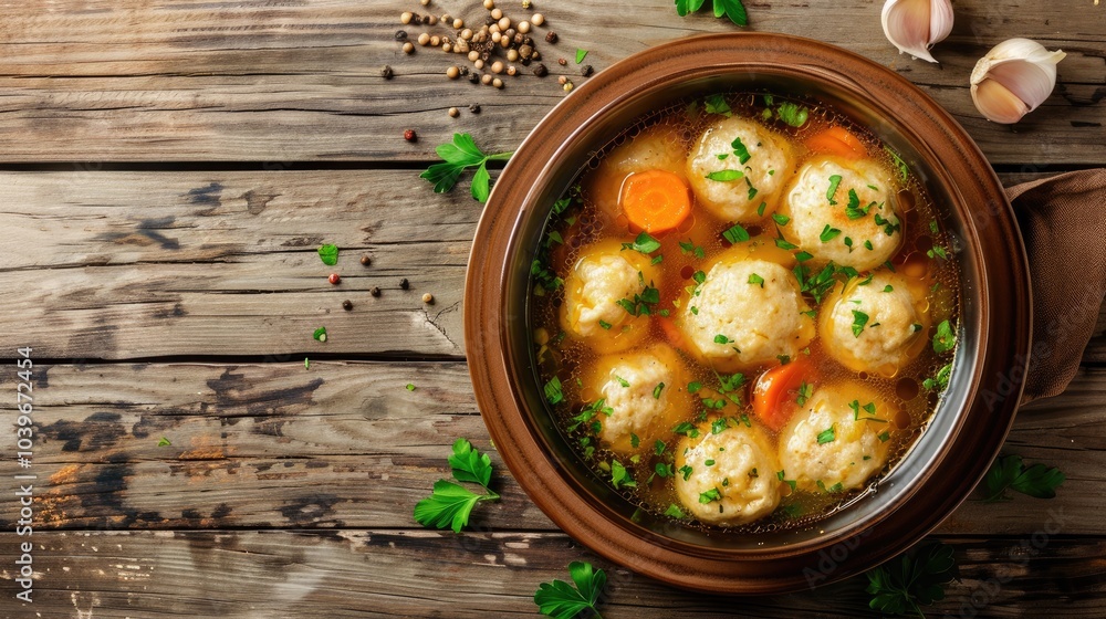 Poster chicken crock pot soup with dumplings top view copy space