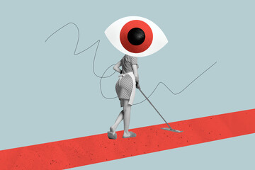 Composite photo collage of housewife clean floor mop instead head huge eyeball household chores...