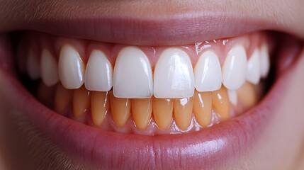 Fototapeta premium Before-and-after image of teeth whitening results, highlighting the contrast between yellowed teeth and a bright white smile, Realistic, Soft Lighting, High Detail
