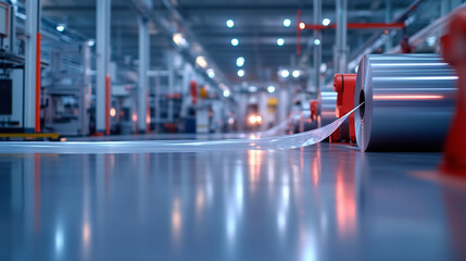A polyethylene film being stretched over large rotating rollers, with modern factory equipment in the background, highlighting the continuous flow of plastic production.
