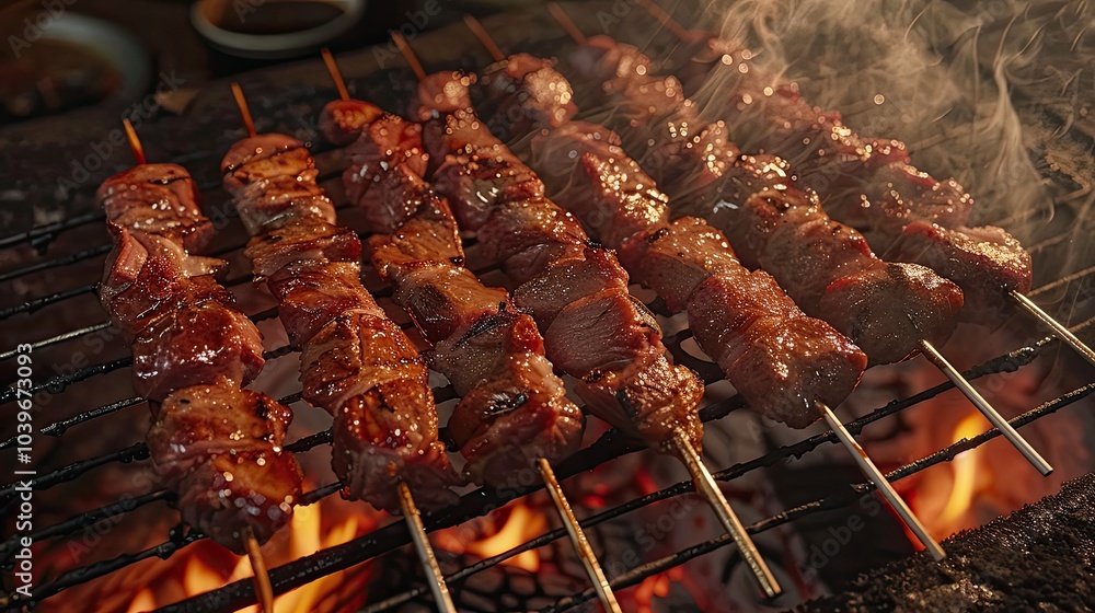 Poster raw pork on skewers being grilled on a charcoal grill