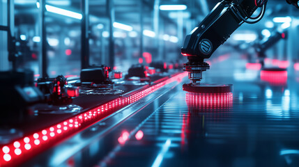 Fototapeta premium Robotic arms carefully handling polyethylene film on a production line, with the surrounding machinery reflecting the latest innovations in synthetic material production.