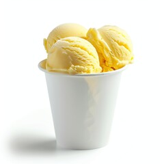 One white paper glass of decor mango ice cream scoops isolated on a white backgroun