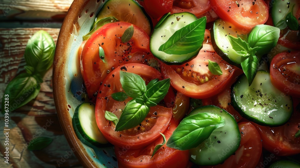 Poster tomato and cucumber salad with black pepper and basil top view