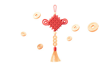 Chinese knot and floating Chinese coins, Chinese new year, happy new year, Chinese style theme, 3d rendering.