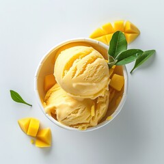 One white paper glass of decor mango ice cream scoops top view isolated on a white background
