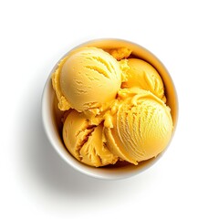 One white paper glass of decor mango ice cream scoops top view isolated on a white background