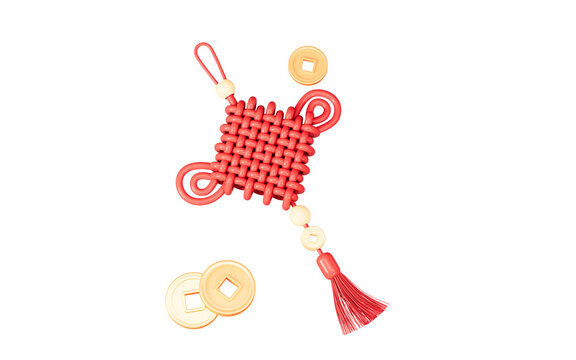 Chinese knot and floating Chinese coins, Chinese new year, happy new year, Chinese style theme, 3d rendering.