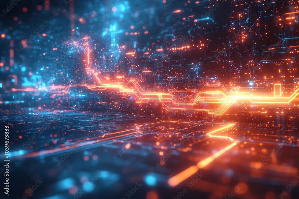Poster abstract digital landscape with glowing lines and vibrant colors in a futuristic setting